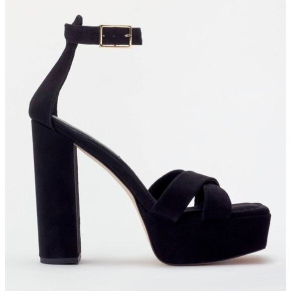 Good American Platform Block Heel Black Suede Ankle Strap Chunky Sandal 10.5 NEW - Picture 4 of 12